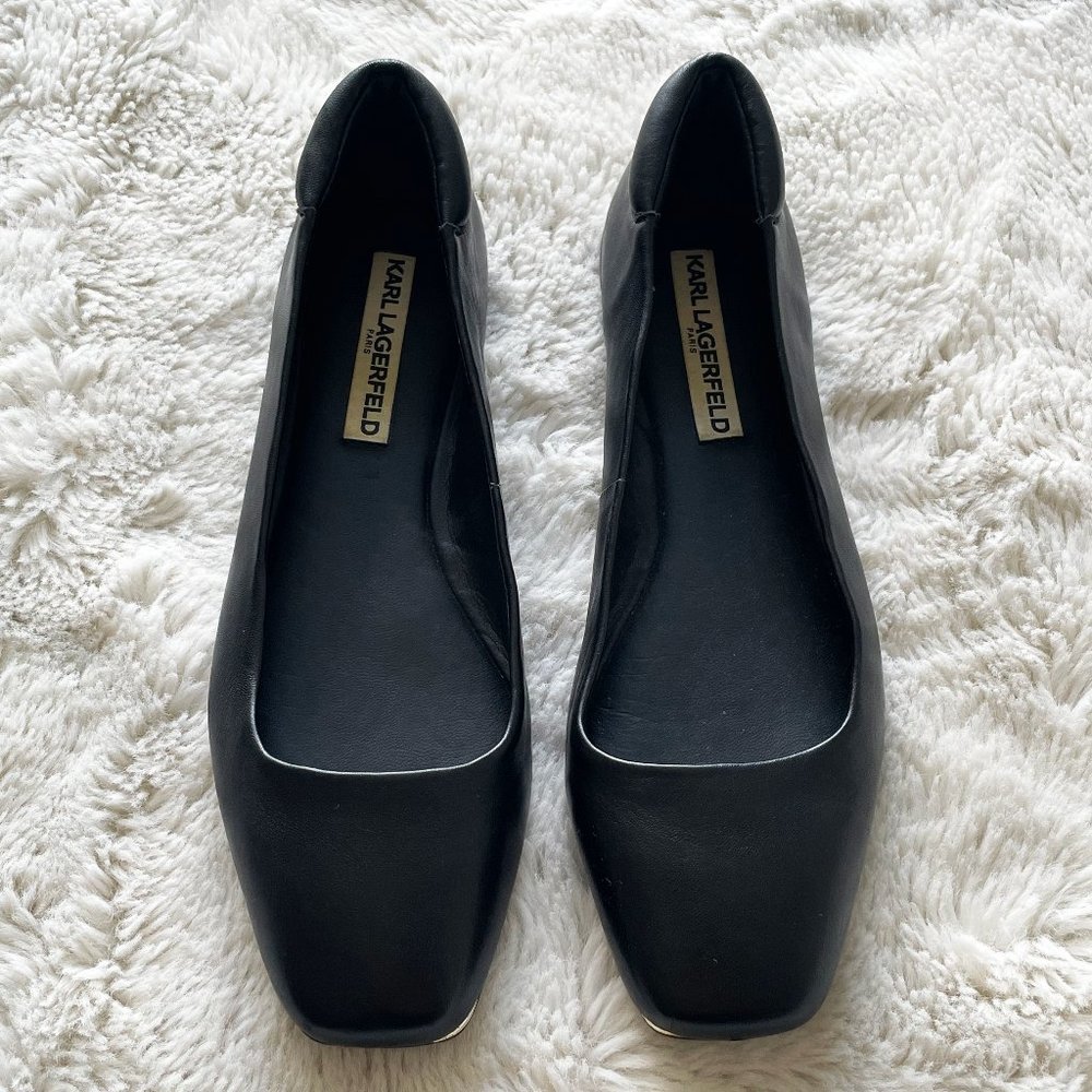 Karl Lagerfeld Paris Square Toe Leather Flats in Black - Size 37 EU